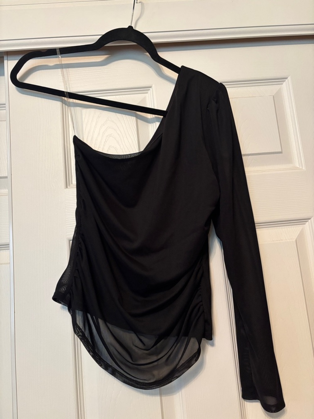 Stella Luce Asymmetric One-Shoulder Black Mesh Top